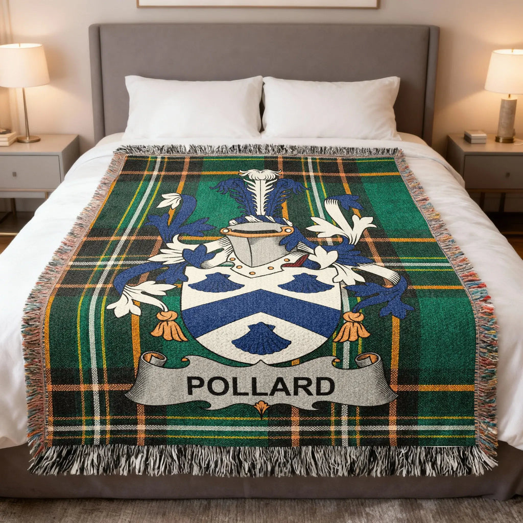 Plaid throw blanket featuring the Pollard family crest.