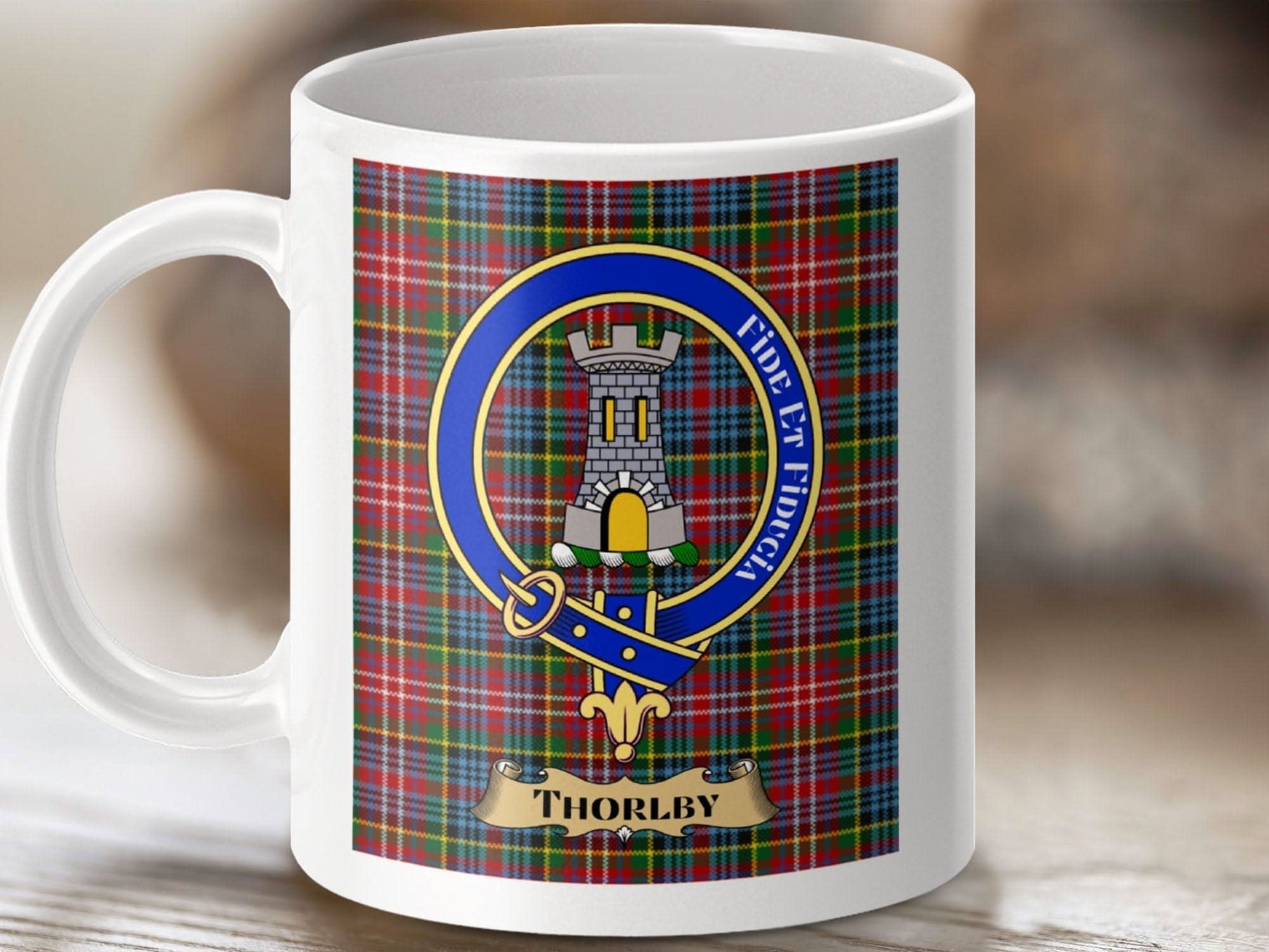 Clan Thorlby Crest Emblem on Plaid Design Mug product type