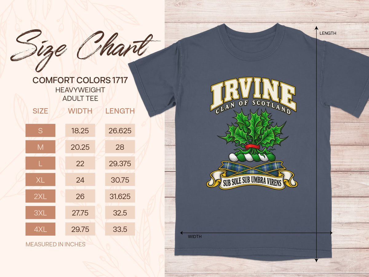 Comfort Colors 1717 size chart for the Irvine Scottish clan T-shirt, adult sizes S–4XL.