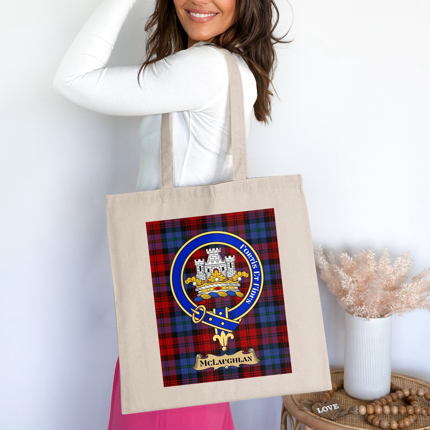 Fortis Et Fidus McLaughlan Scottish Crest Tartan Tote Bag - Living Stone Gifts