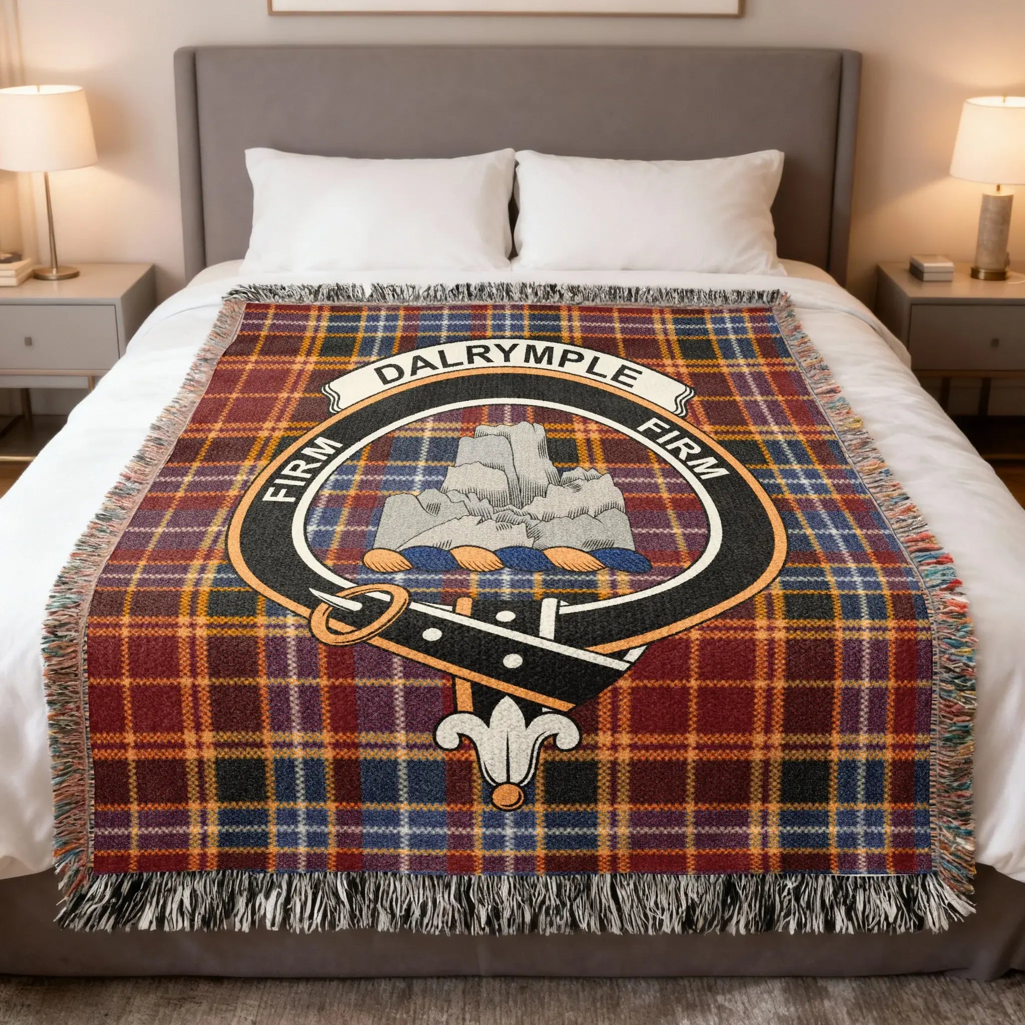 Clan Dalrymple tartan woven blanket — 100% cotton, full tartan pattern in woven construction