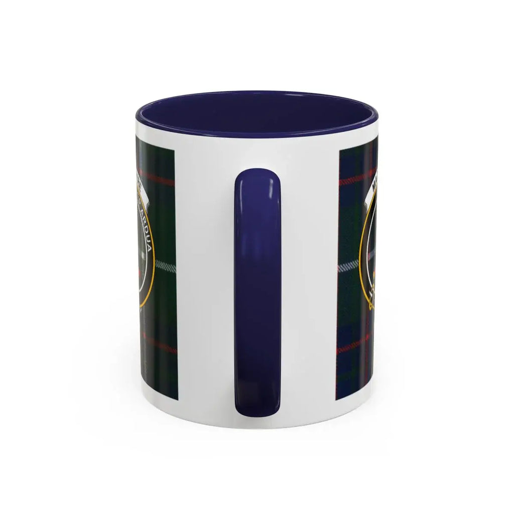 MacIntyre clan tartan mug with logo print — navy blue checkered ceramic with clan emblem, 11oz
