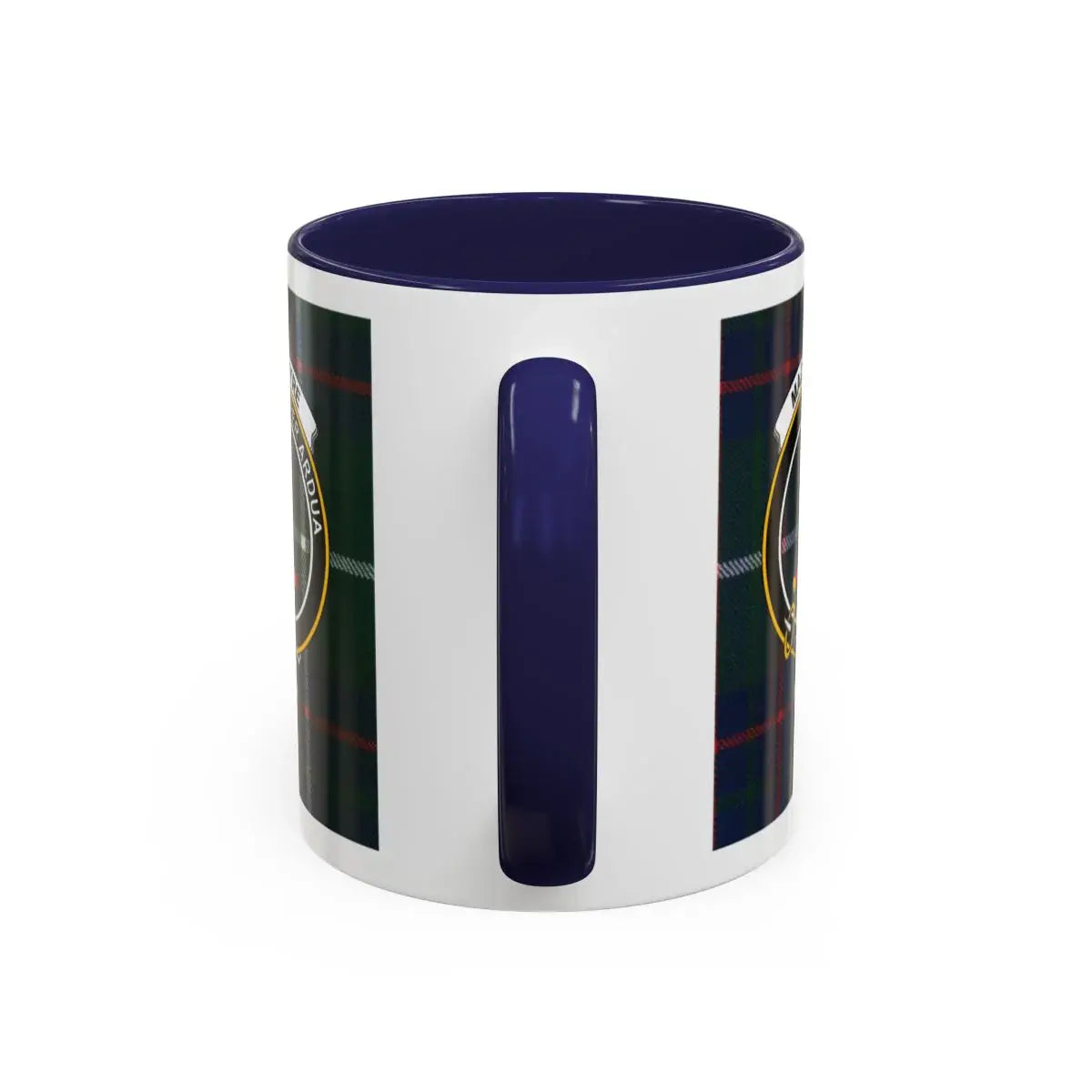 MacIntyre clan tartan mug with logo print — navy blue checkered ceramic with clan emblem, 11oz