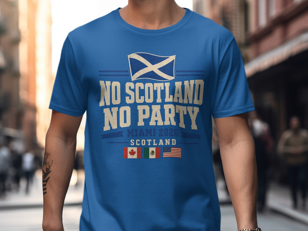 Blue t-shirt with "No Scotland No Party Miami 2026" and flags.
