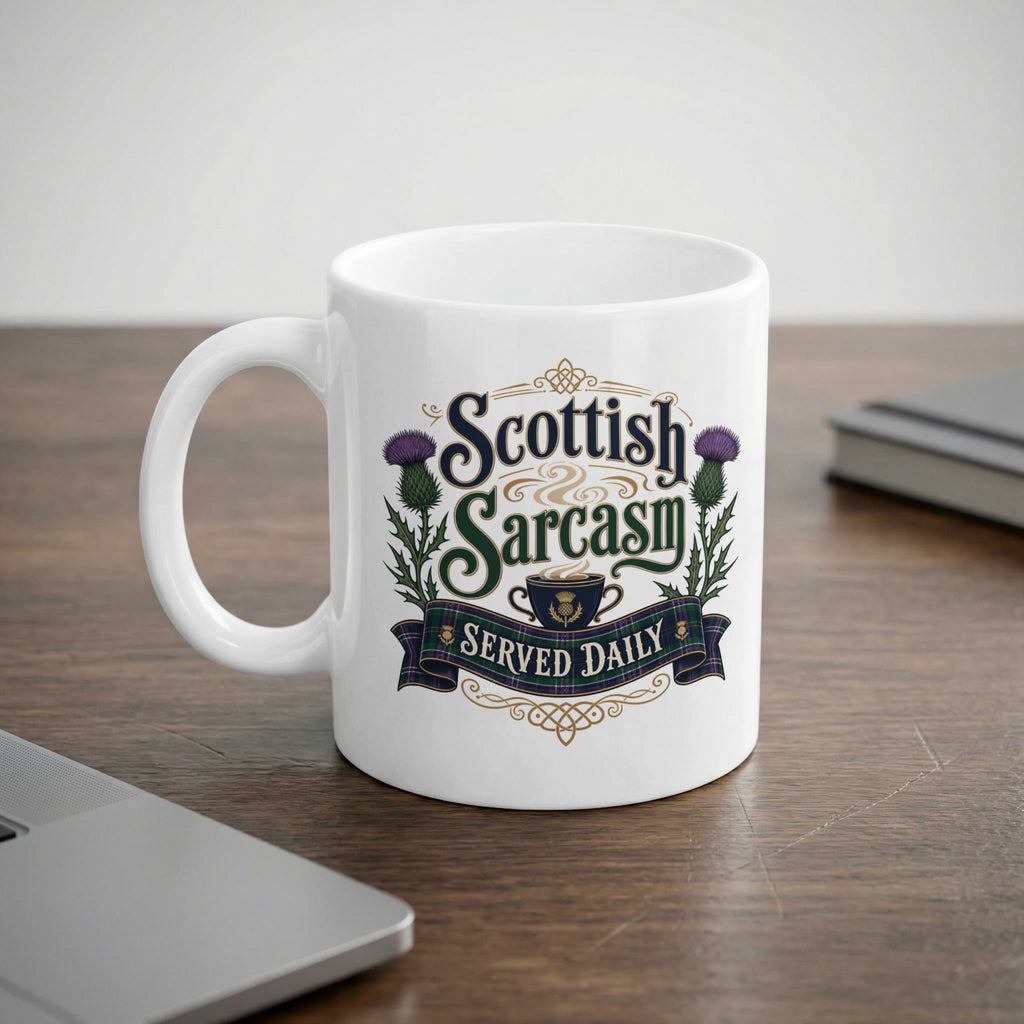 White mug with "Scottish Sarcasm Served Daily" text and thistle design.