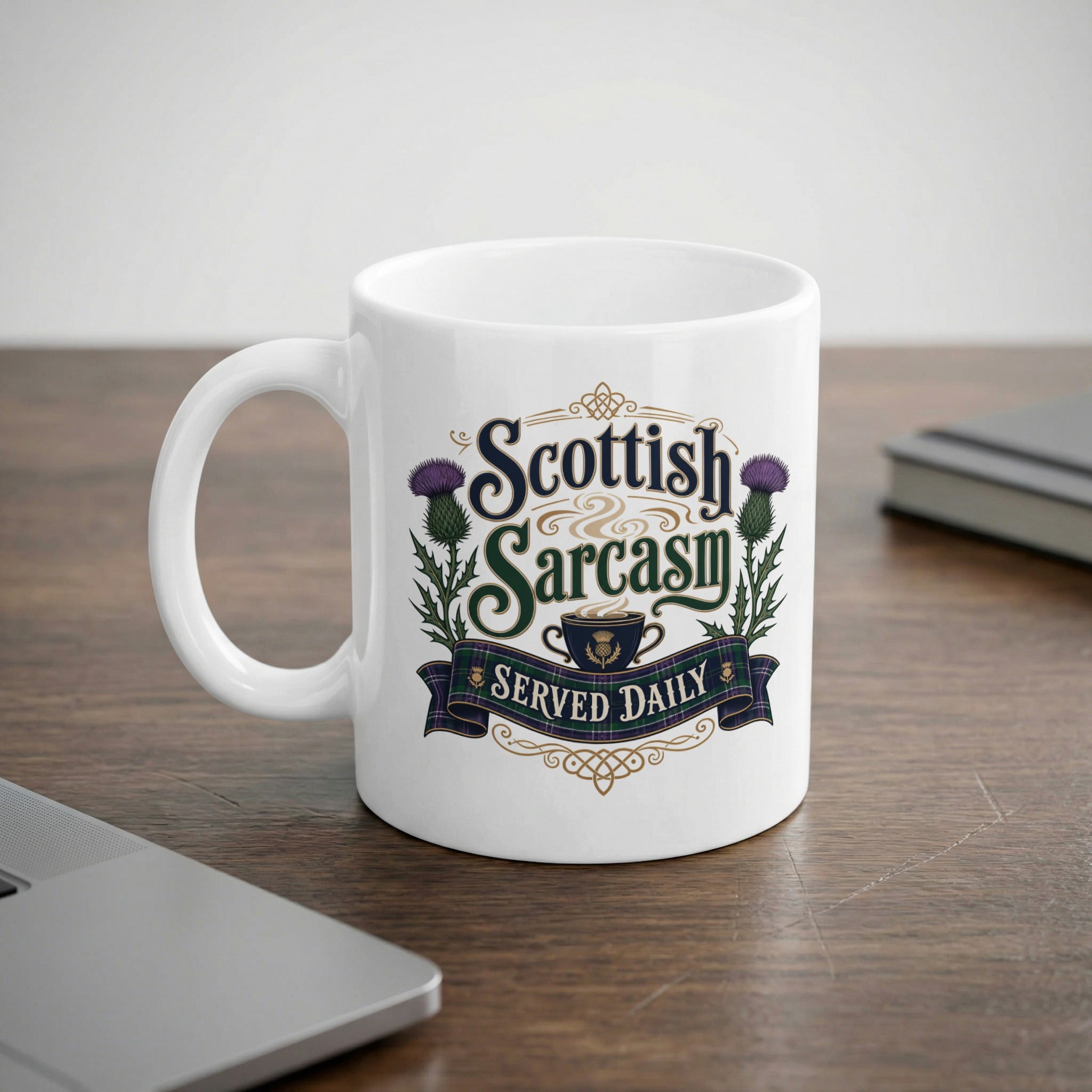 White mug with "Scottish Sarcasm Served Daily" text and thistle design.
