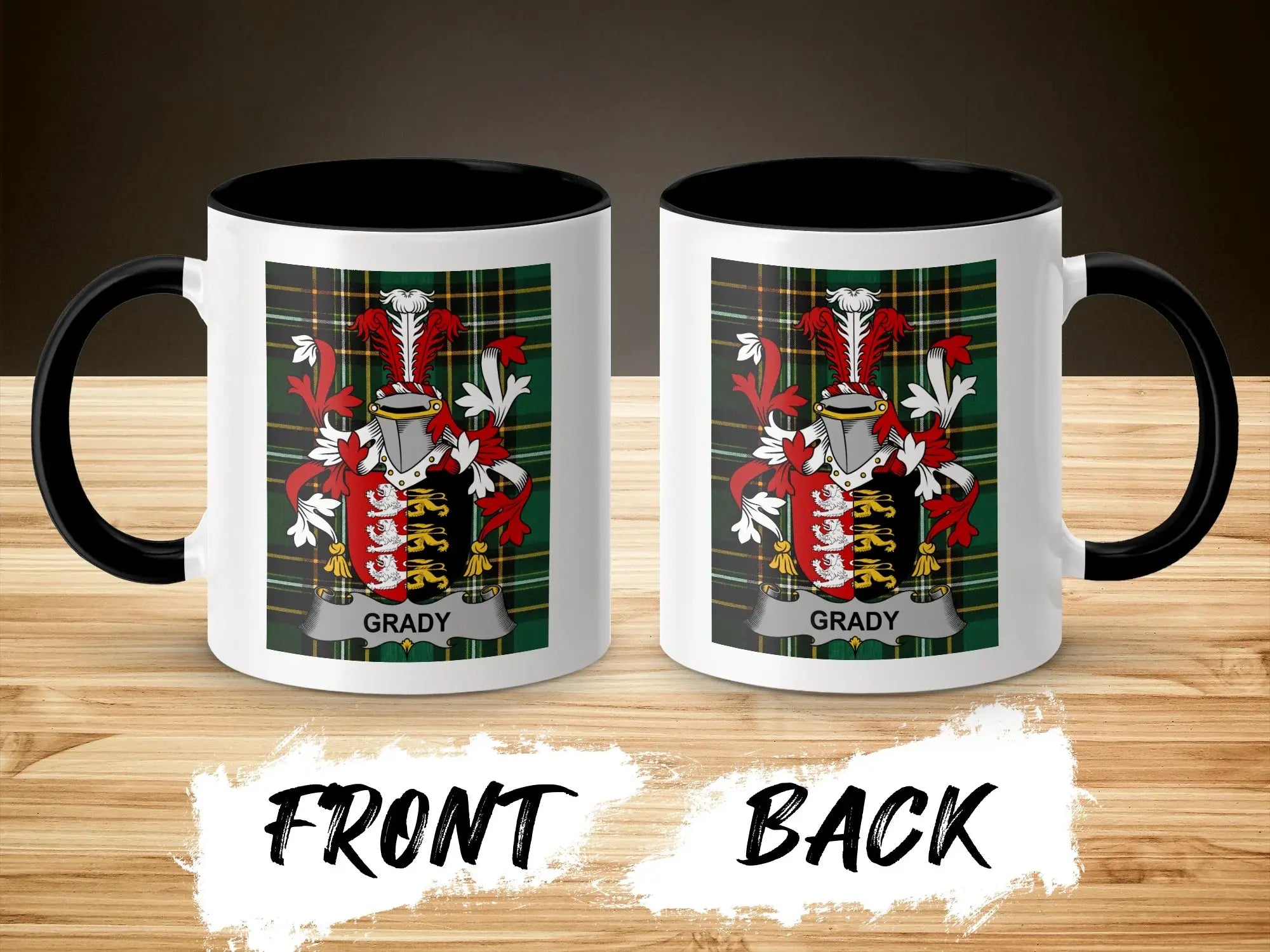 Two white mugs with black handles and Grady coat of arms on front and back.