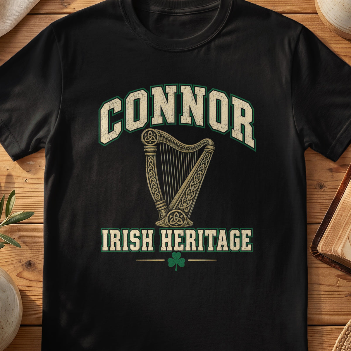 Connor Irish Heritage black Gildan 64000 T-shirt with Celtic harp design