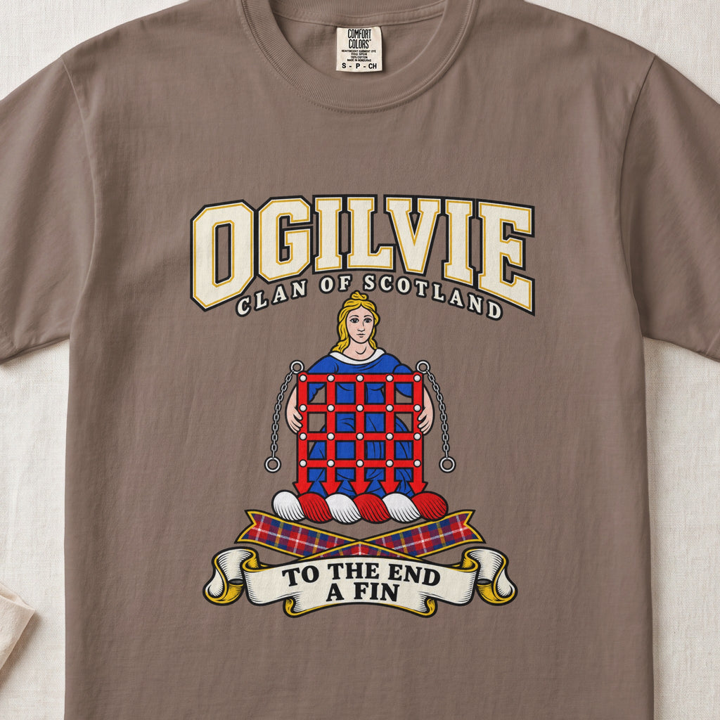 Ogilvie Scottish clan graphic T-shirt in Espresso, front view
