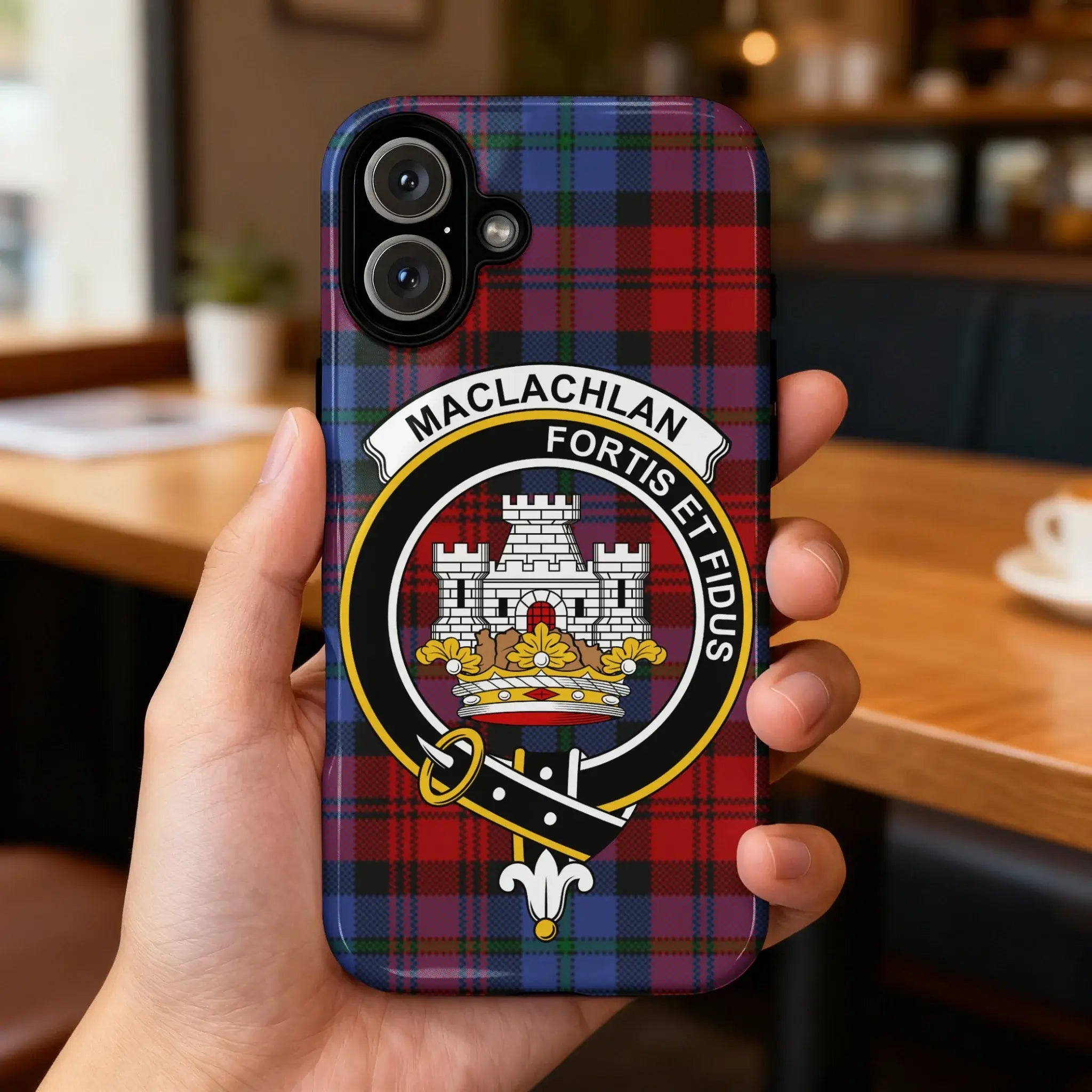 MacLachlan Fortis et Fidus tartan iPhone case — Strong and Faithful full heraldic clan design visible