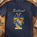 Navy Mar family shield T-shirt featuring a gold shield crossed by a blue diagonal band