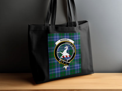 Scottish Clan Riddell Crest on Tartan Background Tote Bag - Living Stone Gifts