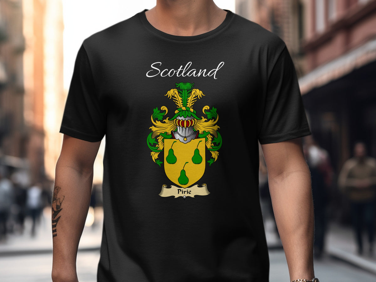 Model wearing the black Pirie Scottish surname T-shirt with family crest artwork.