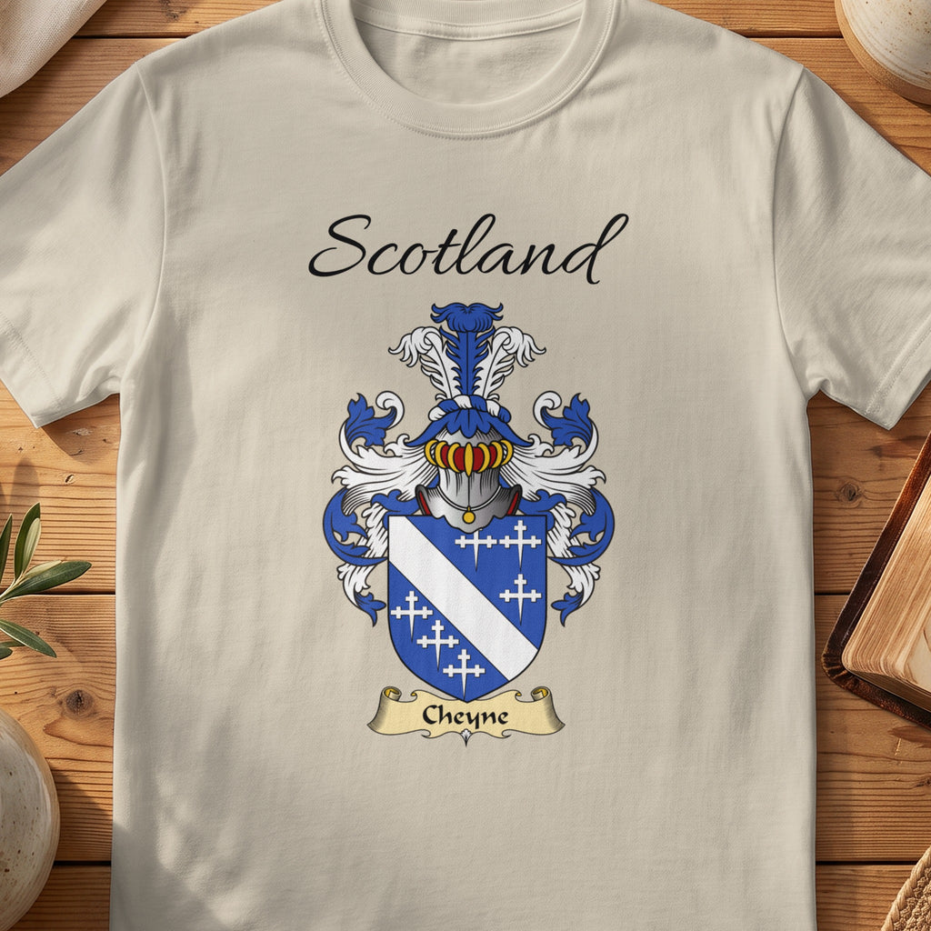 Sand Cheyne Scottish family shield T-shirt featuring a white diagonal band and small crosses on blue