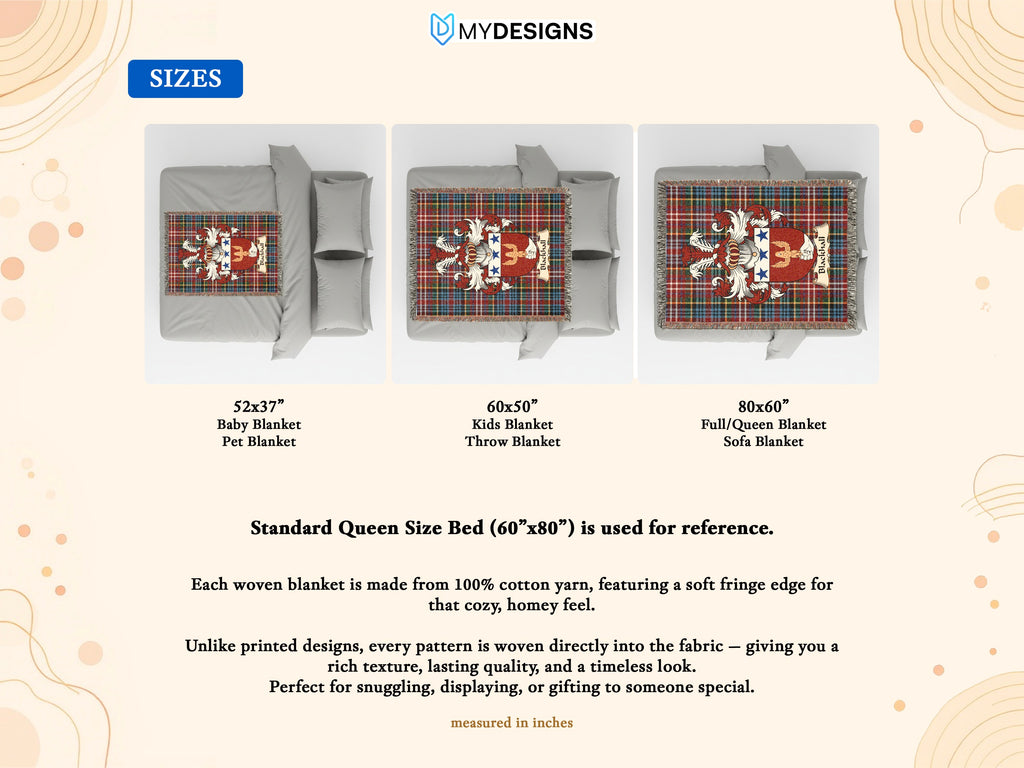 Size guide for Blackhall Scottish family crest woven blanket with Caledonia tartan background