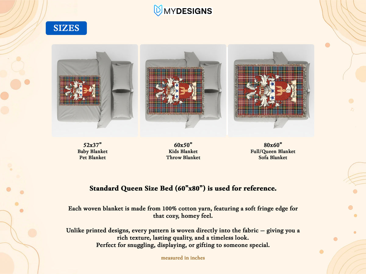 Size guide for Blackhall Scottish family crest woven blanket with Caledonia tartan background