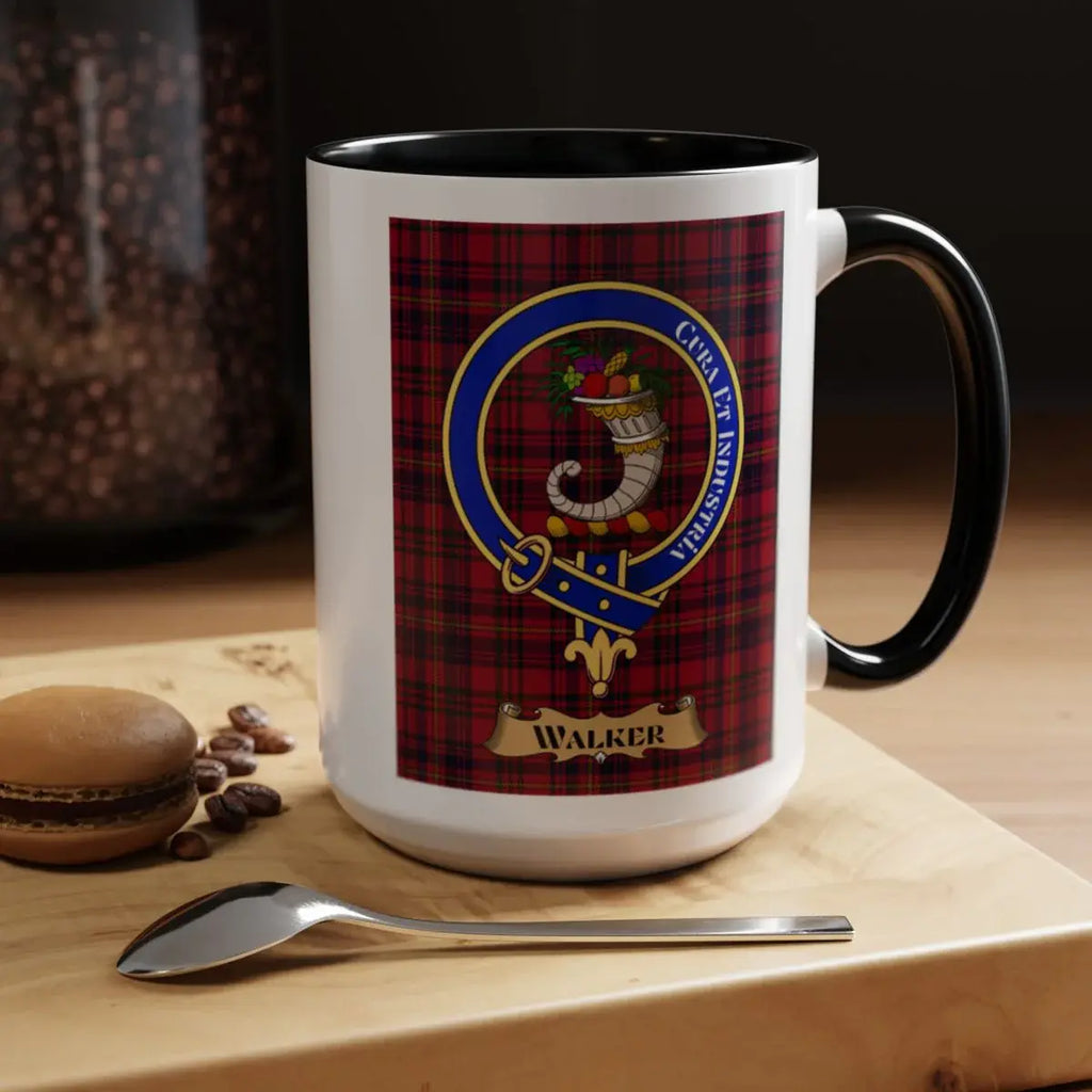 Close-up of the Walker clan crest printed on a ceramic mug