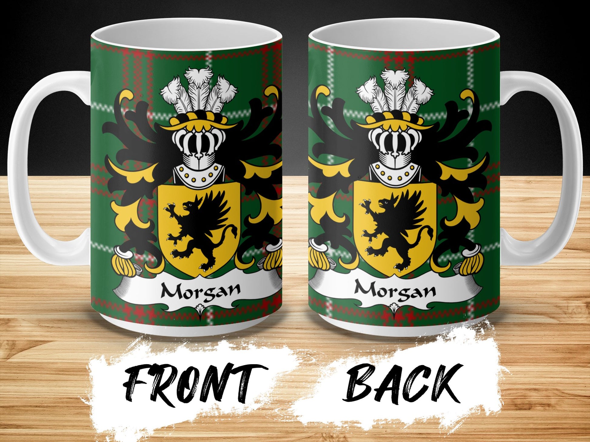 Morgan Welsh Surname Coat of Arms on Tartan Background Mug - Living Stone Gifts