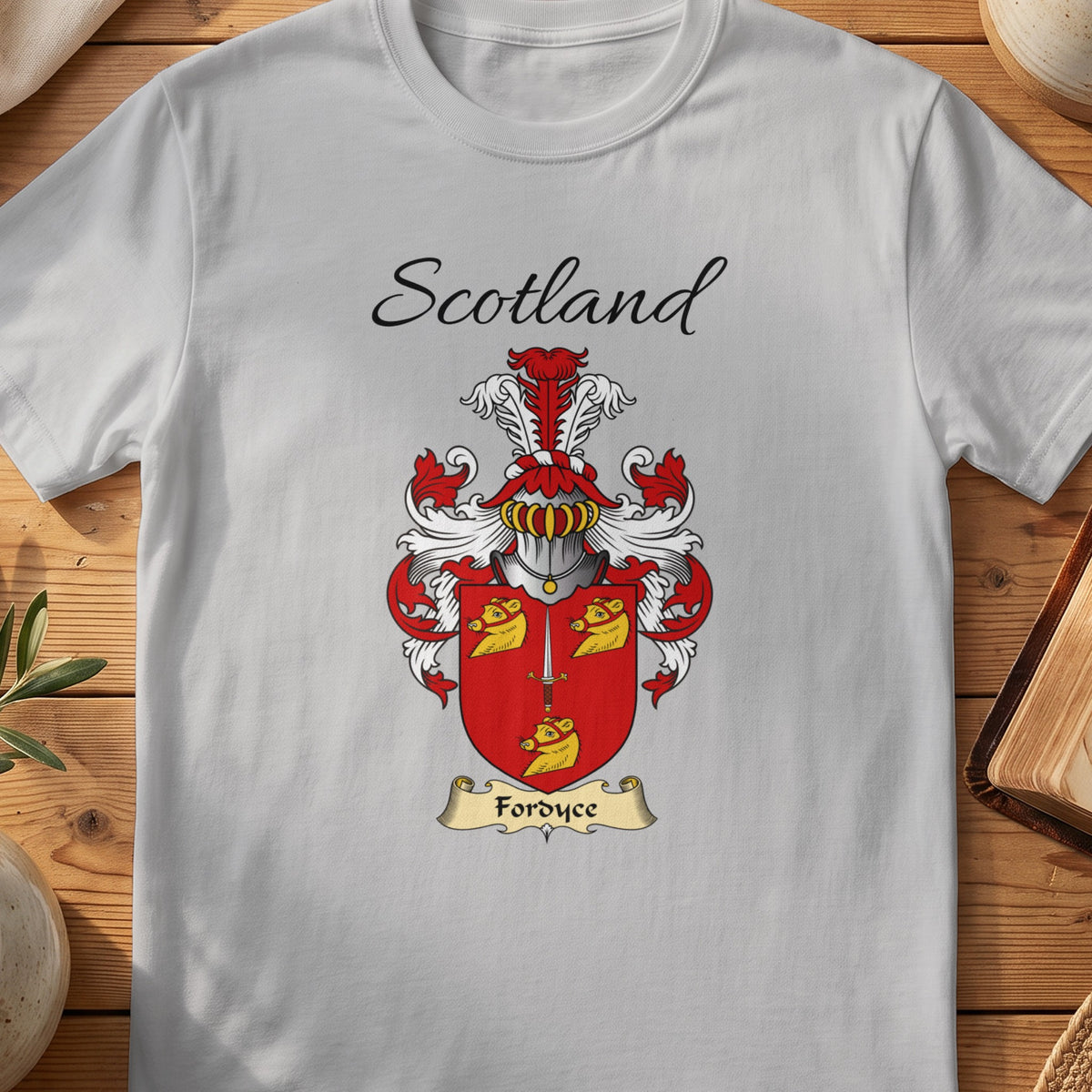 Sport Grey Fordyce Scottish family shield T-shirt featuring gold animal heads on a red shield