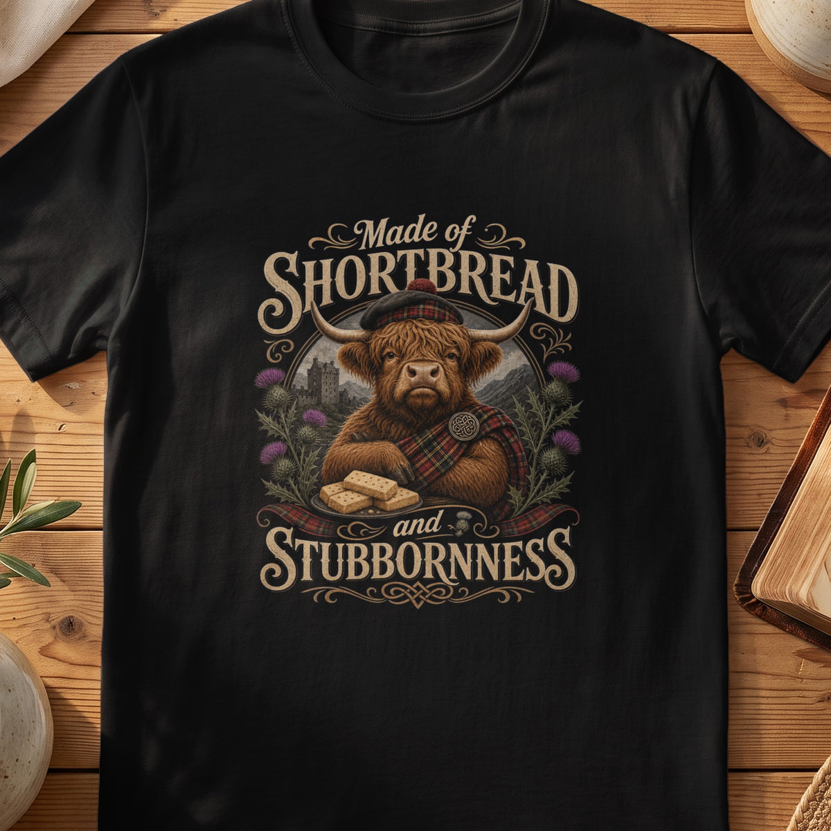 Black Gildan 64000 unisex T-shirt flatlay with Made of Shortbread and Stubbornness Scottish graphic design