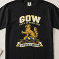 Gow Scottish clan T-shirt in Black, front view with a golden wildcat and motto design.