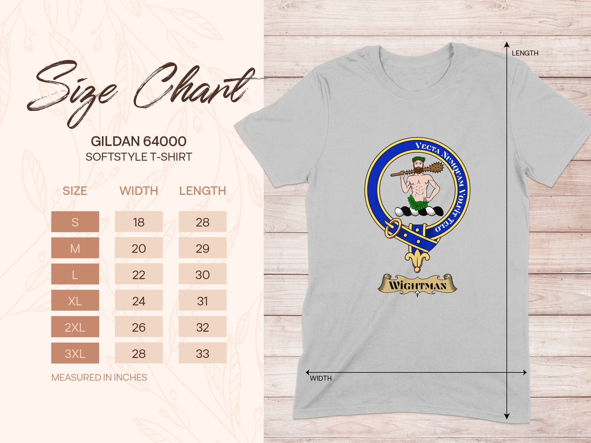 Gildan 64000 size chart for Wightman Scottish clan crest T-shirt