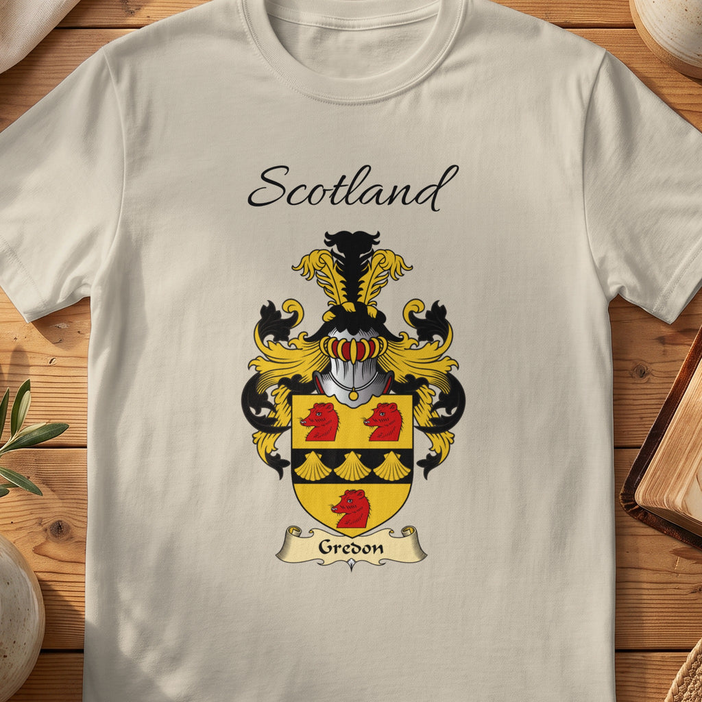 Sand Gredon Scottish family shield T-shirt featuring gold shells and red animal heads