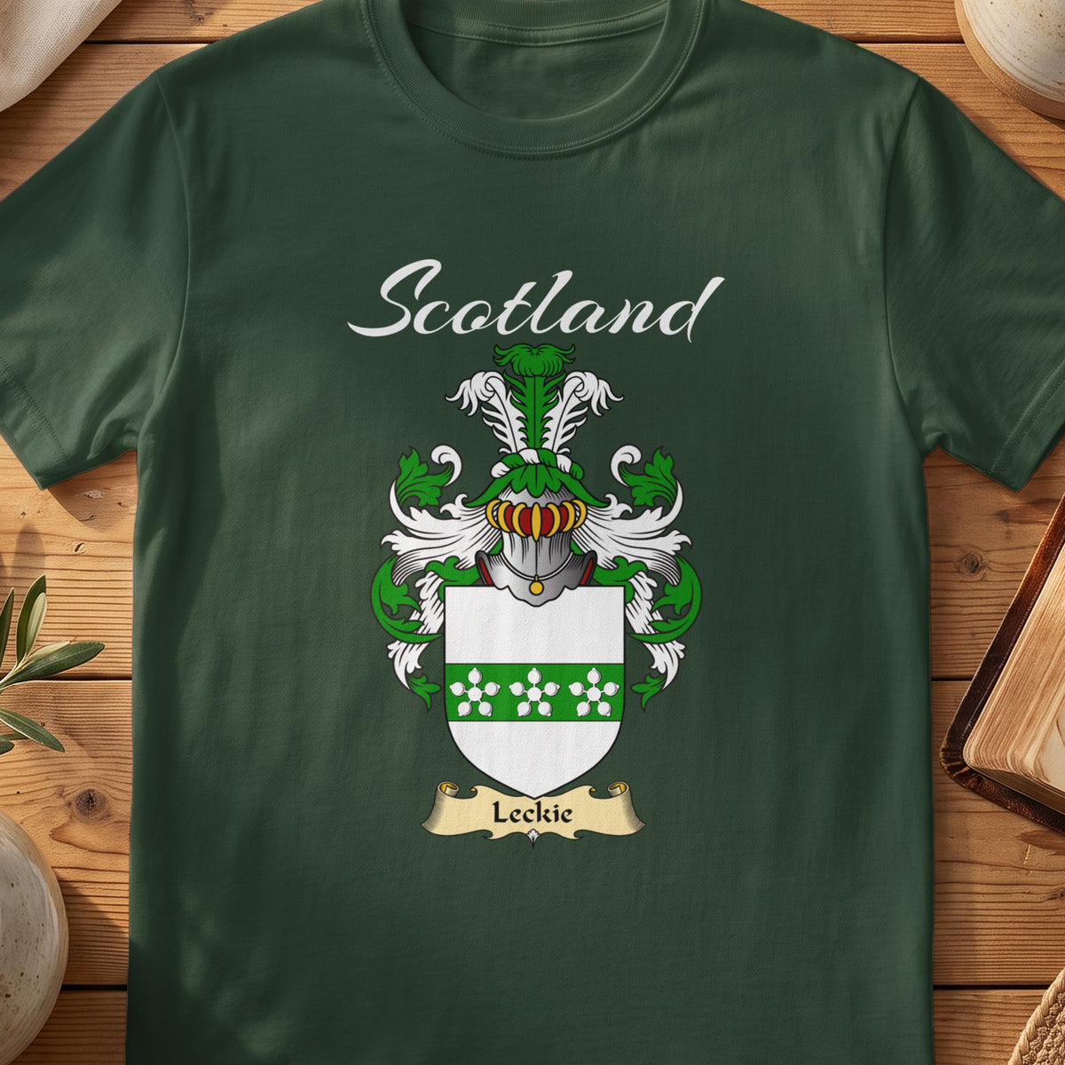 Forest Green Leckie Scottish T-shirt featuring a green patterned band across a white shield