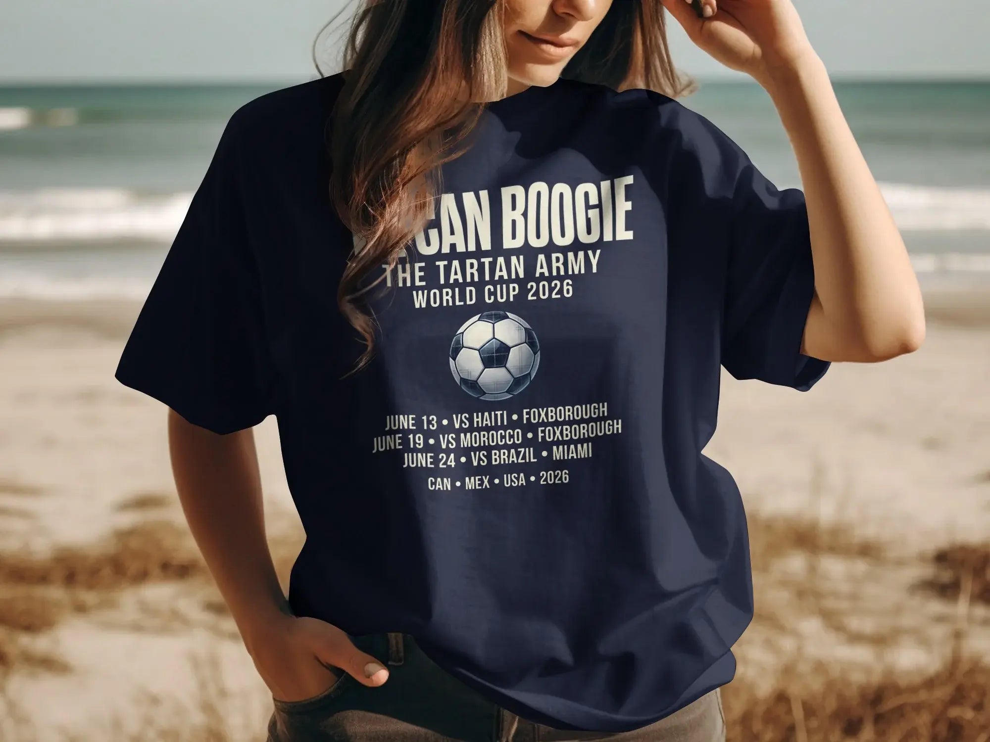 Navy t-shirt with "CAN BOOGIE" and 2026 World Cup match schedule.