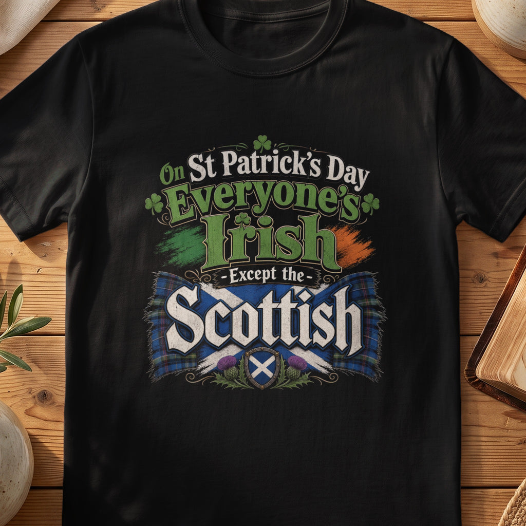 Black Gildan 64000 unisex T-shirt flatlay with Everyone's Irish Except the Scottish Scottish graphic design