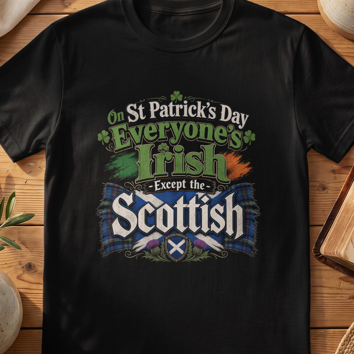 Black Gildan 64000 unisex T-shirt flatlay with Everyone's Irish Except the Scottish Scottish graphic design