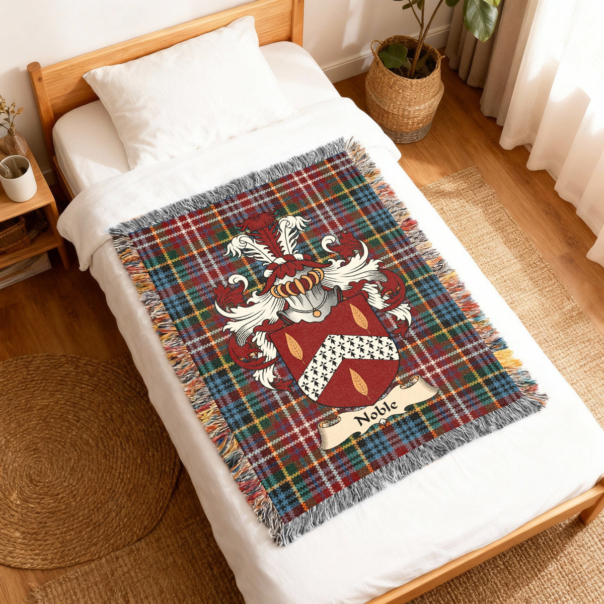 Noble Caledonia tartan heritage woven throw blanket with family shield