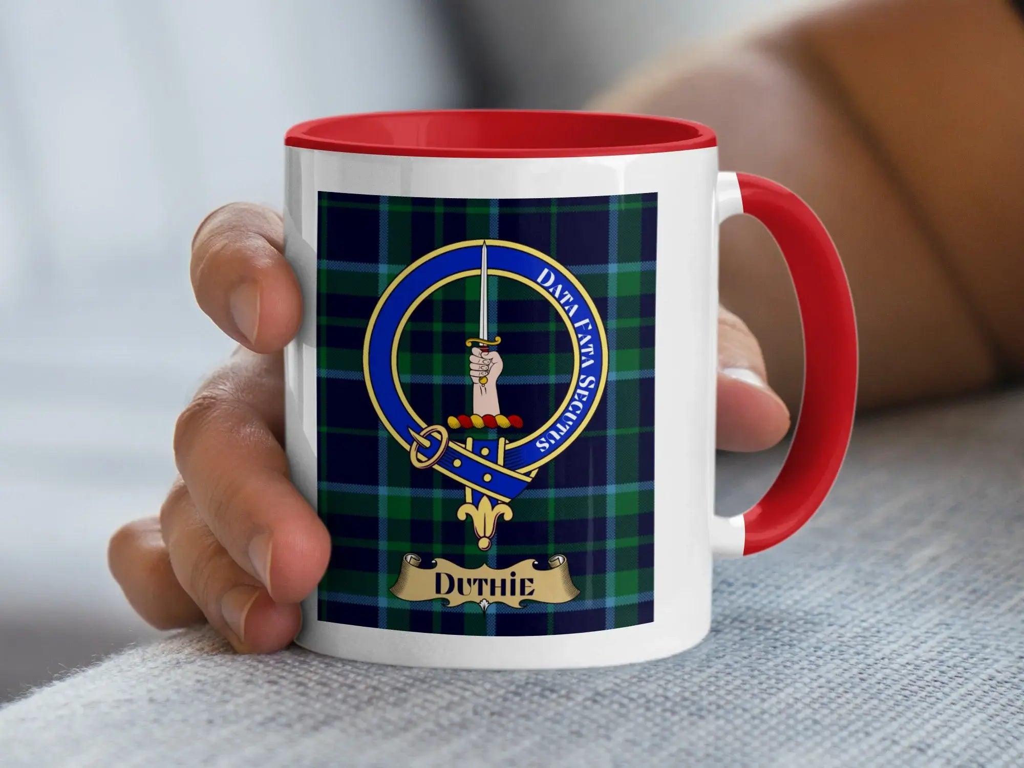 Duthie family crest ceramic mug for everyday coffee and tea