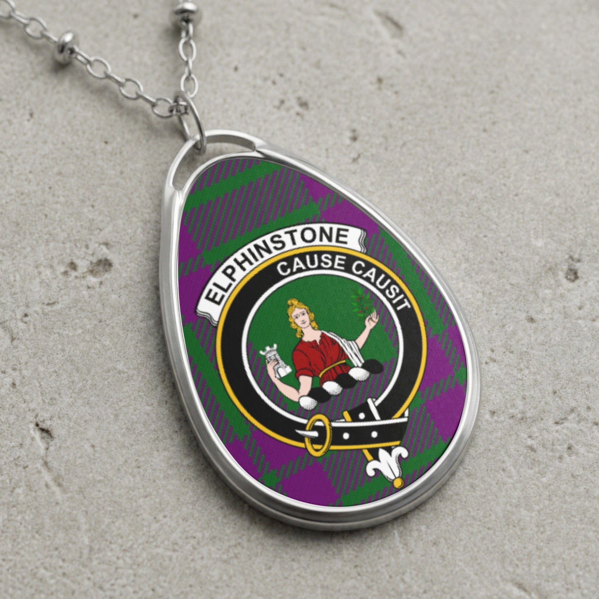 Elphinstone clan Scottish tartan necklace with clan crest on tartan background
