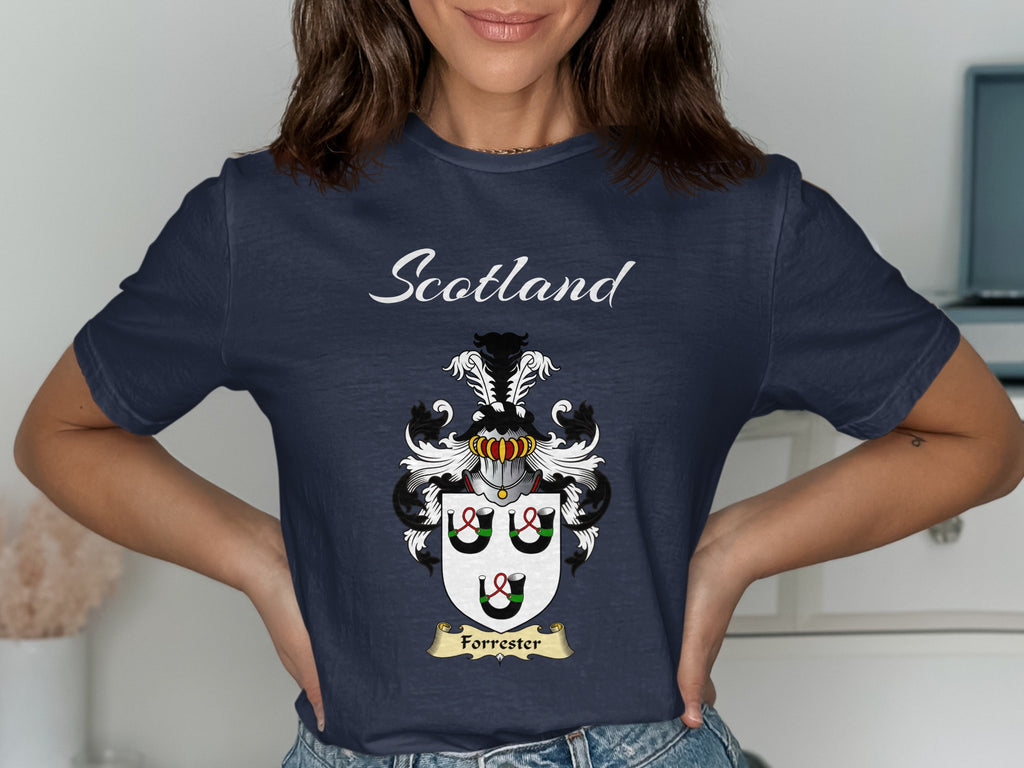 Forrester Scottish family shield design on Navy T-shirt