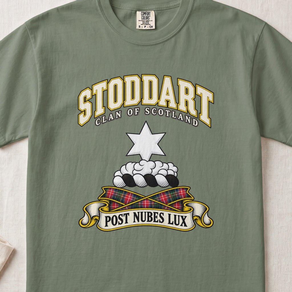 Stoddart Scottish clan T-shirt in Moss, front view with a white six-pointed star above clouds and motto design.