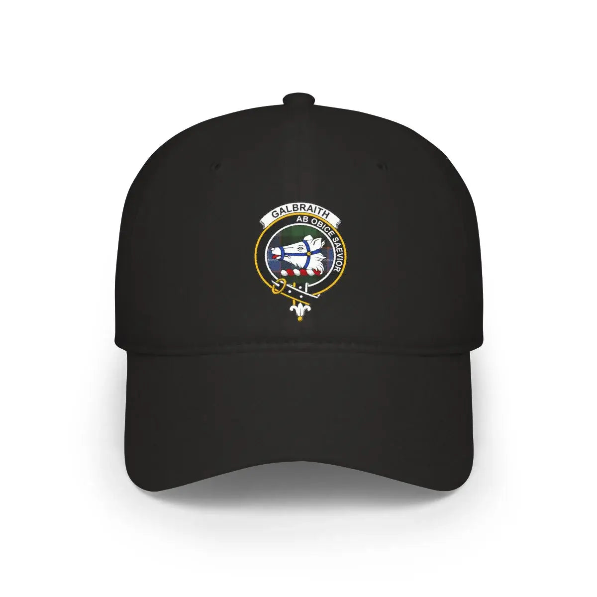 Clan Galbraith crest printed baseball cap in black — low-profile cotton Scottish heritage cap