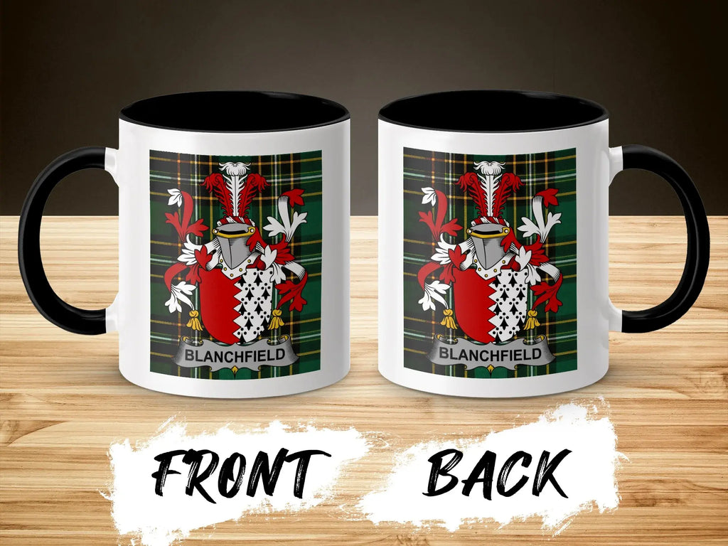Blanchfield coat of arms on white ceramic mug, front and back views.