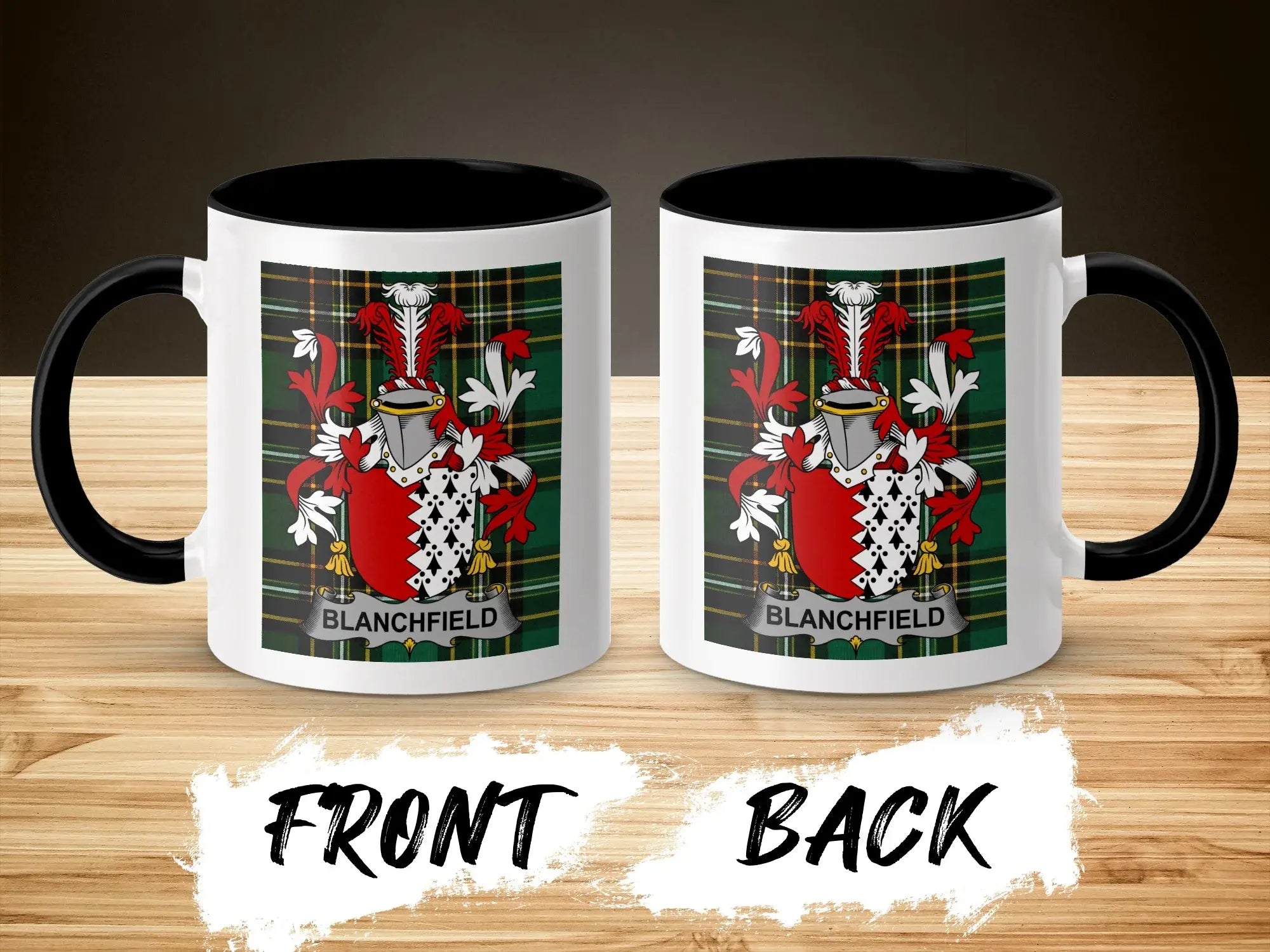 Blanchfield coat of arms on white ceramic mug, front and back views.