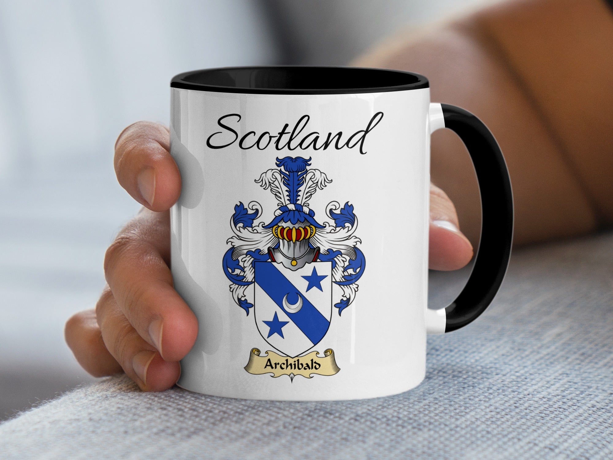 Archibald Scottish family crest accent mug with Scotland above the coat of arms design