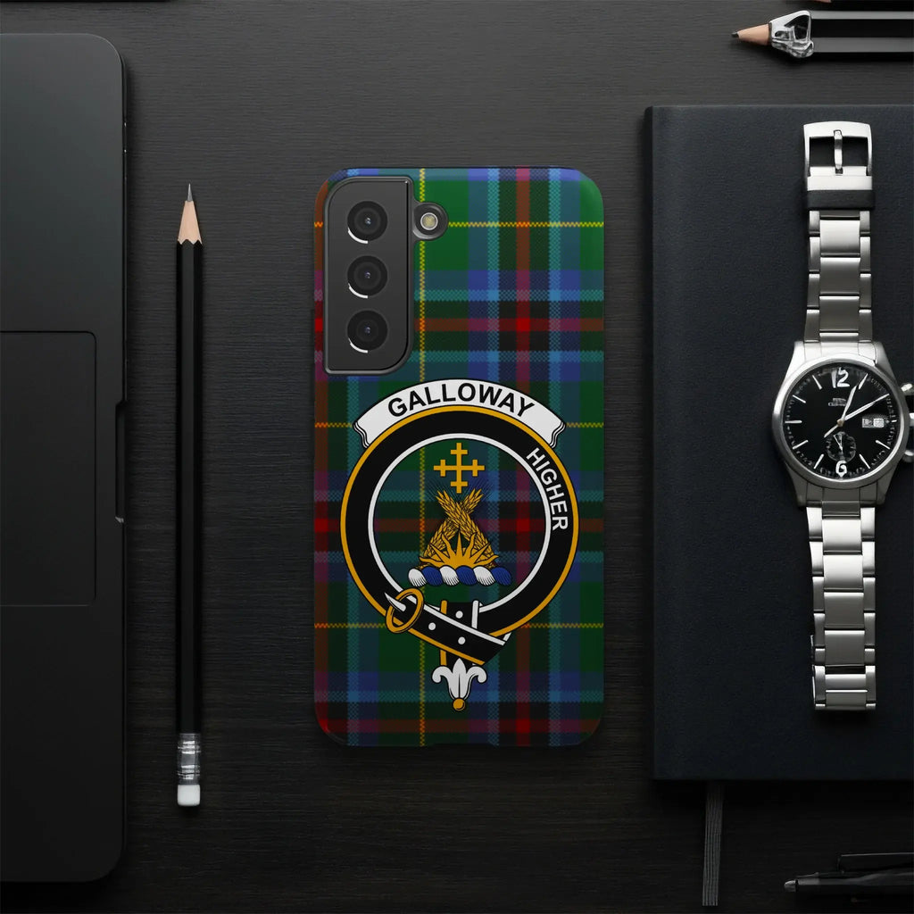 Galloway clan crest and tartan phone case — edge-to-edge print on glossy slim case, side view