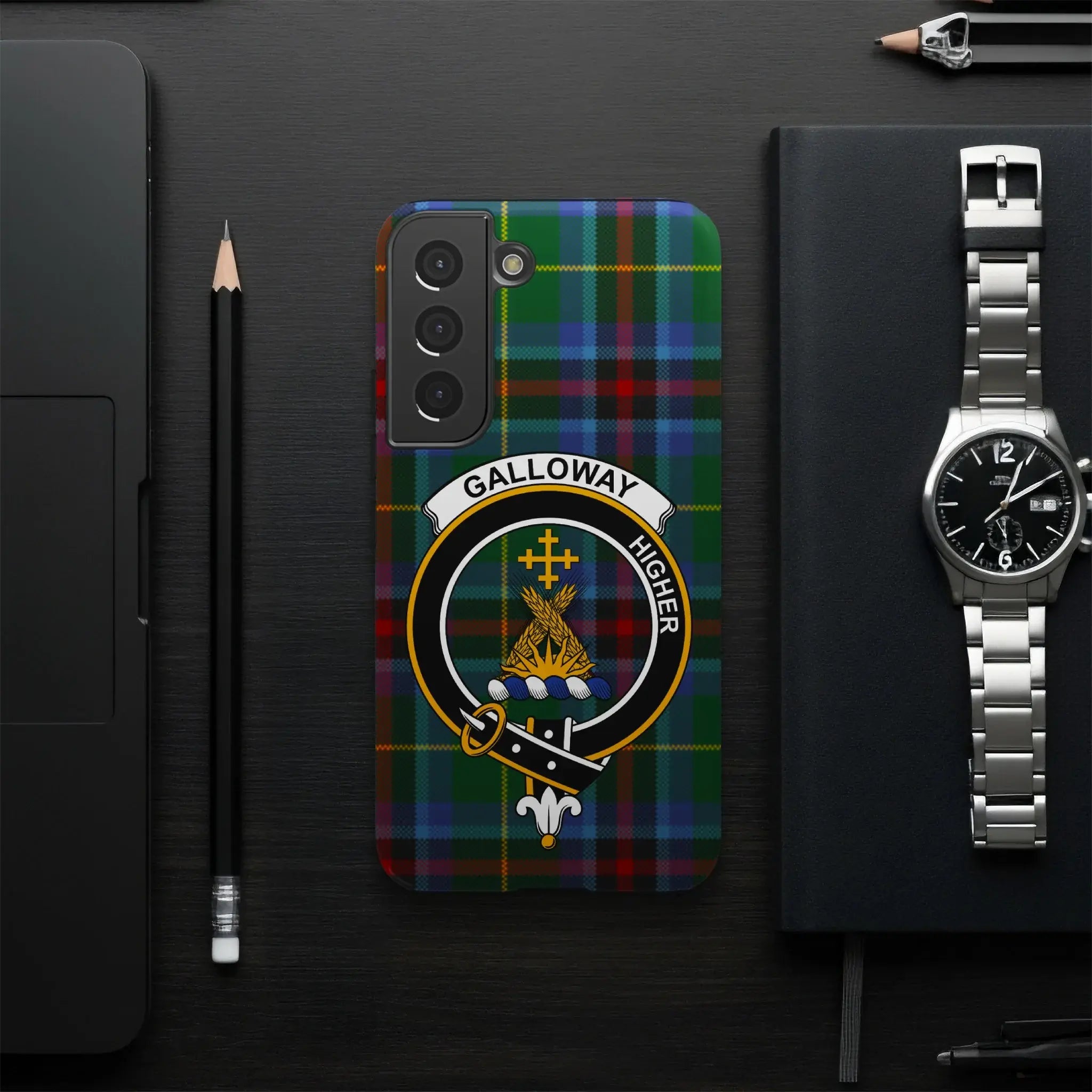 Galloway clan crest and tartan phone case — edge-to-edge print on glossy slim case, side view