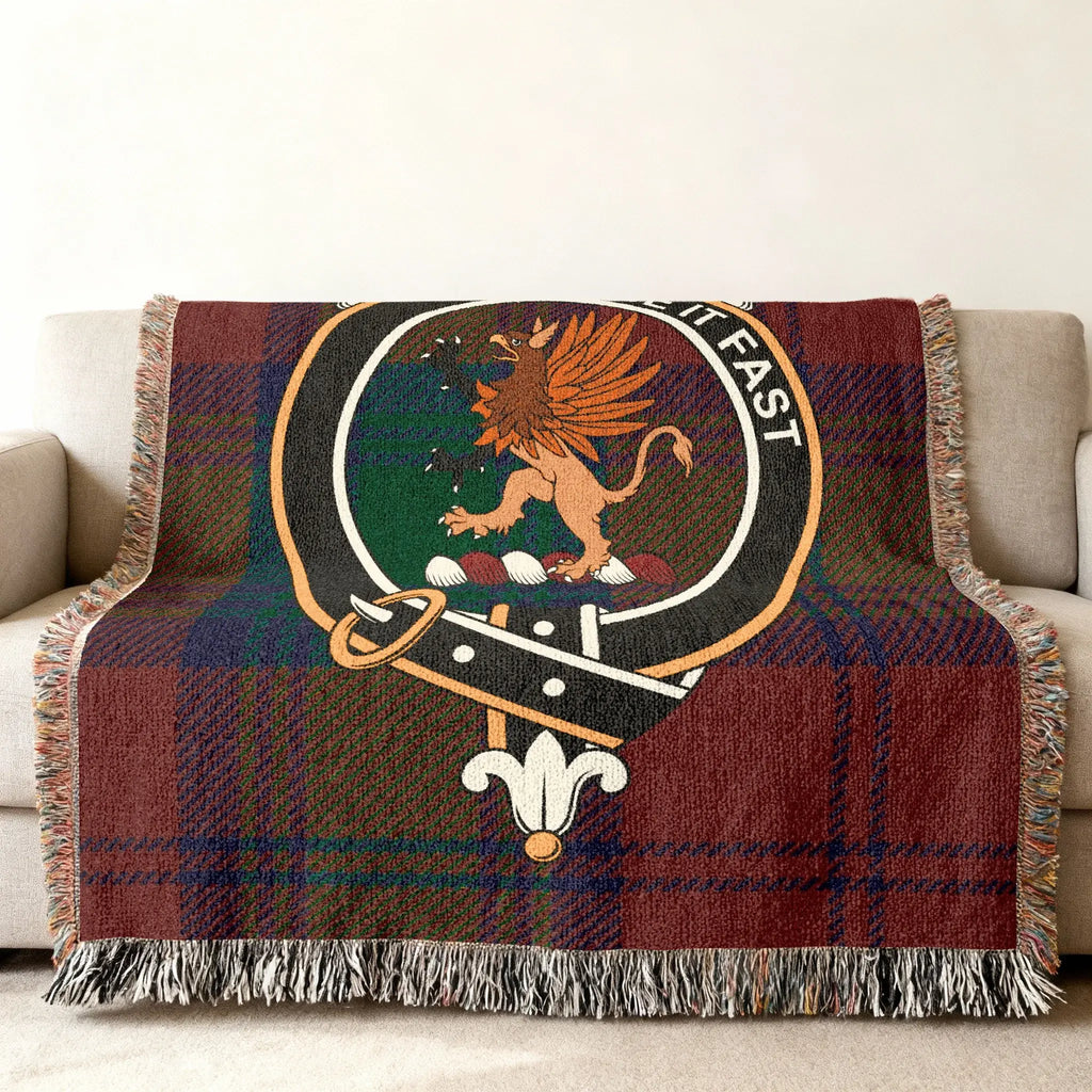 Fotheringham woven heritage blanket — side view showing tartan weave texture and crest