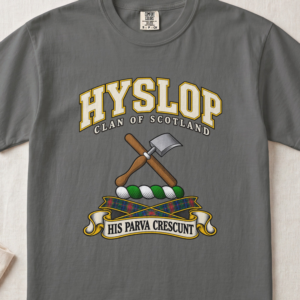 Hyslop Scottish clan T-shirt in Pepper, front view with crossed hand tools, one with a silver blade and motto design.
