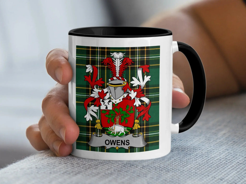 Owens Irish family crest black accent mug with Irish National Tartan