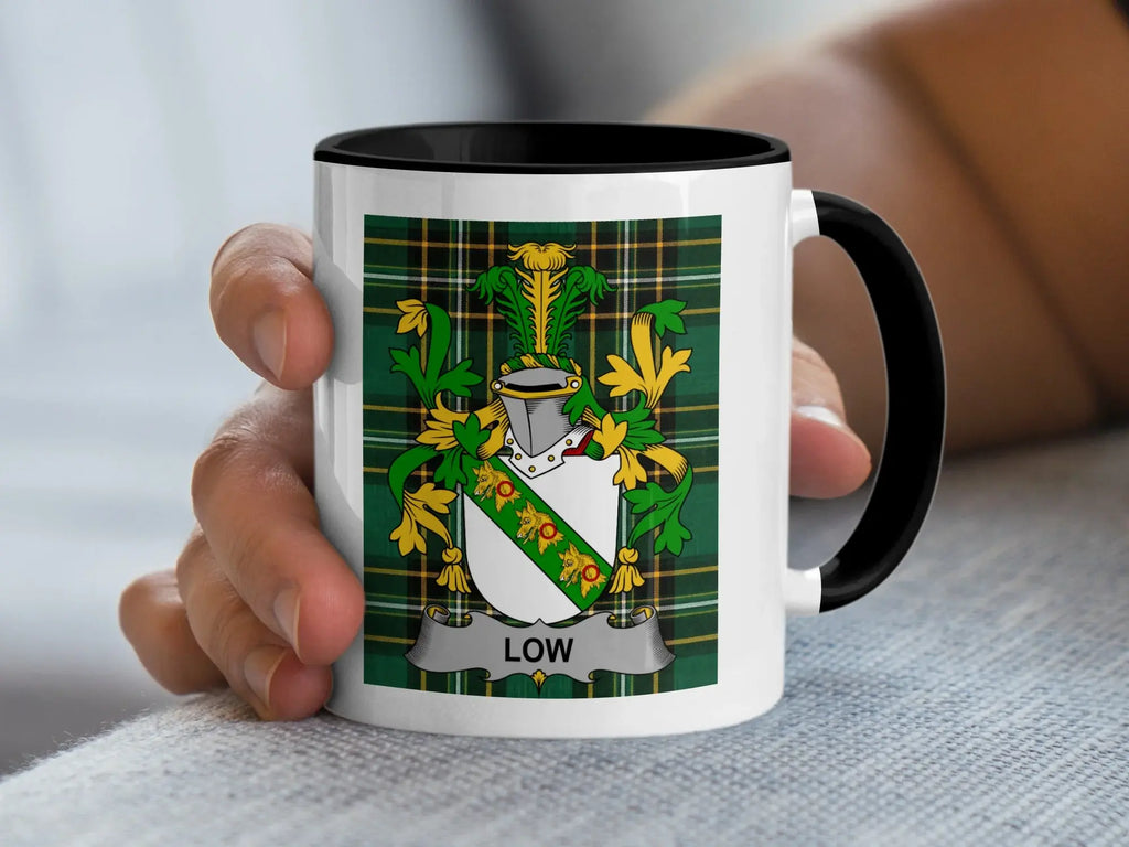 Low Irish family crest black accent mug
