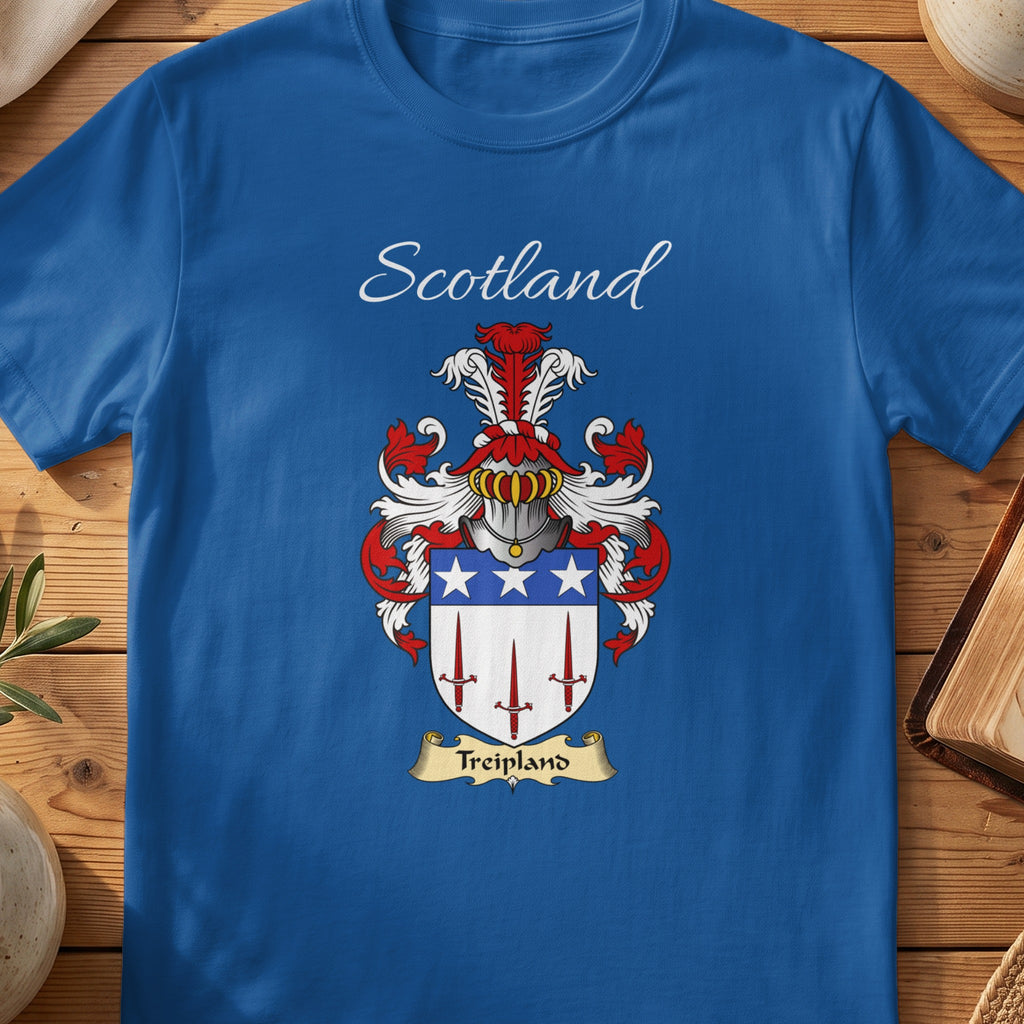 Royal blue Treipland unisex heritage T-shirt with the family shield and surname design.