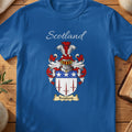 Royal blue Treipland unisex heritage T-shirt with the family shield and surname design.