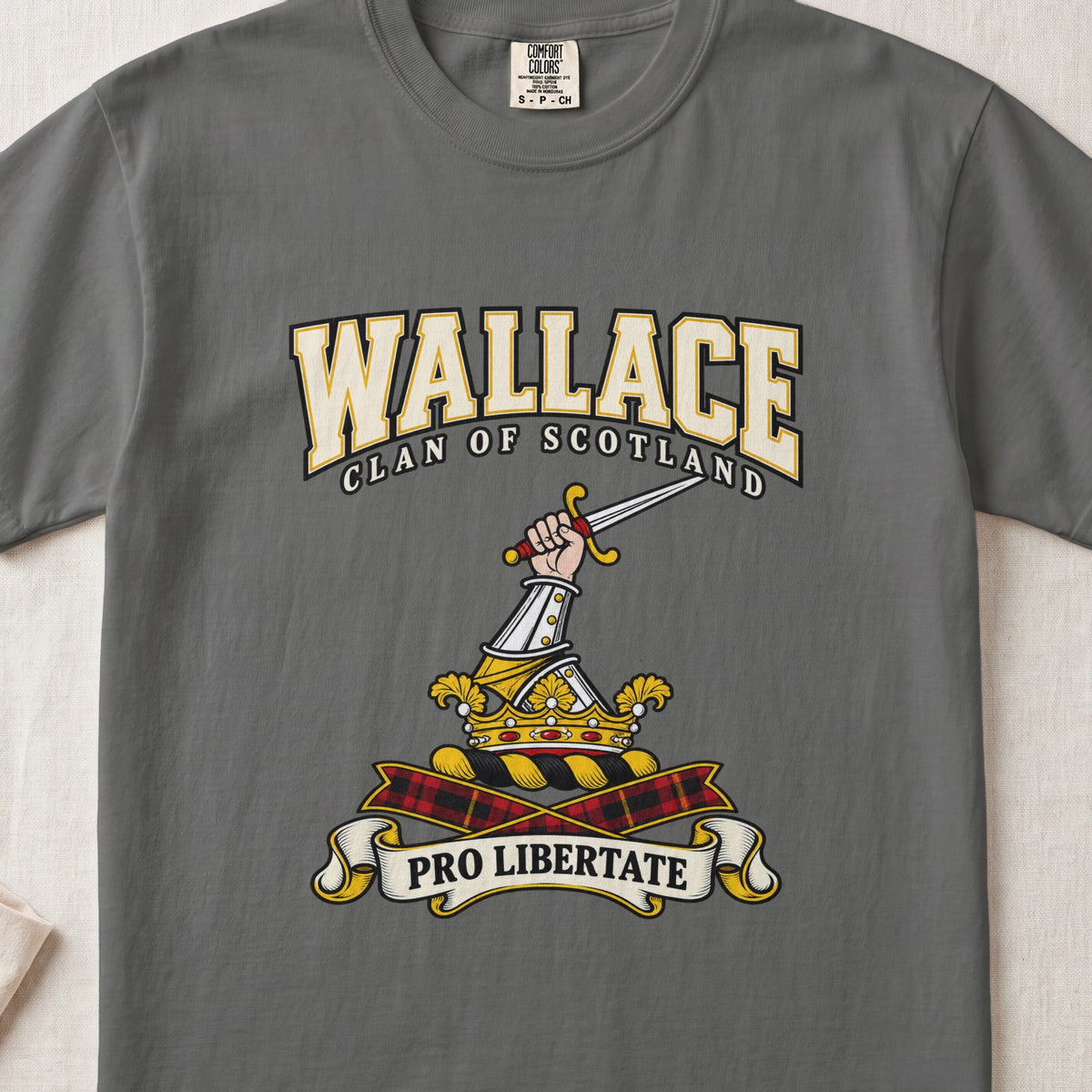 Wallace graphic T-shirt in Pepper gray, front flat lay showing varsity lettering and armoured arm holding sword.