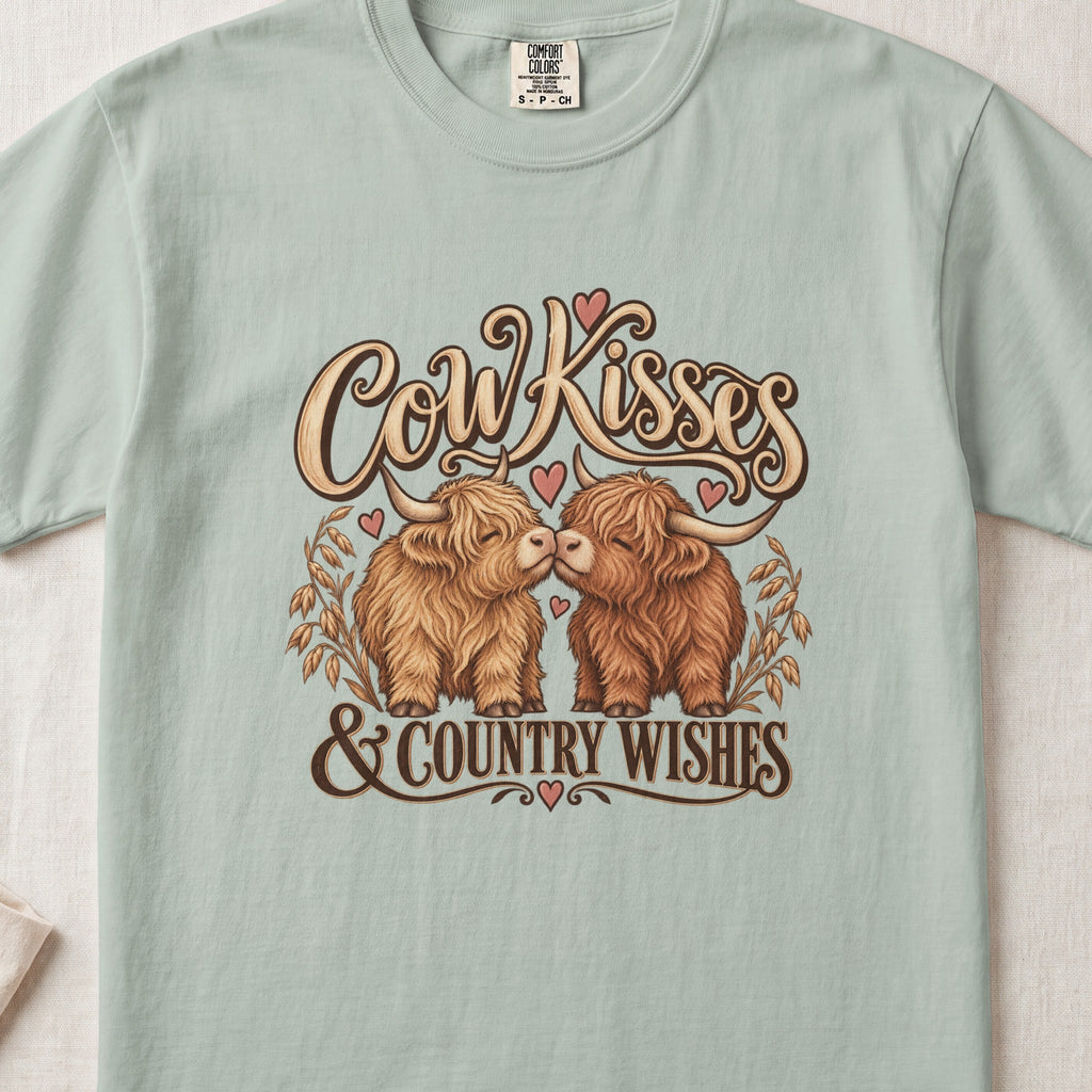 Cow Kisses & Country Wishes Highland cow design on a Bay Comfort Colors 1717 T-shirt, flat lay
